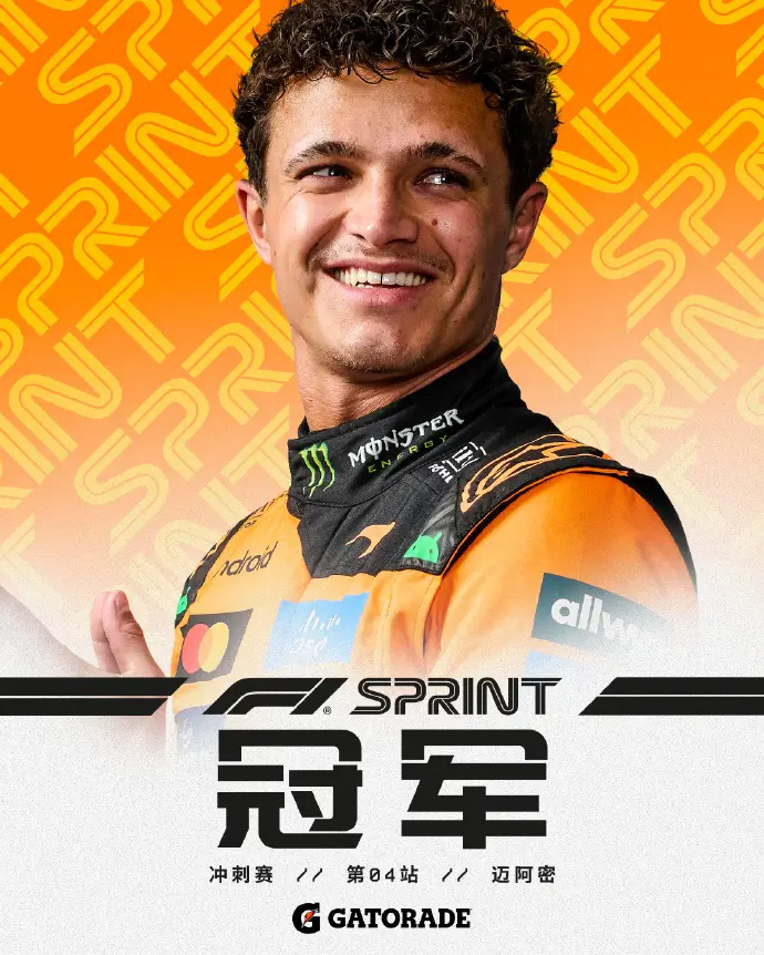 stake-F1迈阿密大奖赛冲刺赛：诺里斯夺冠 皮亚斯特里第二